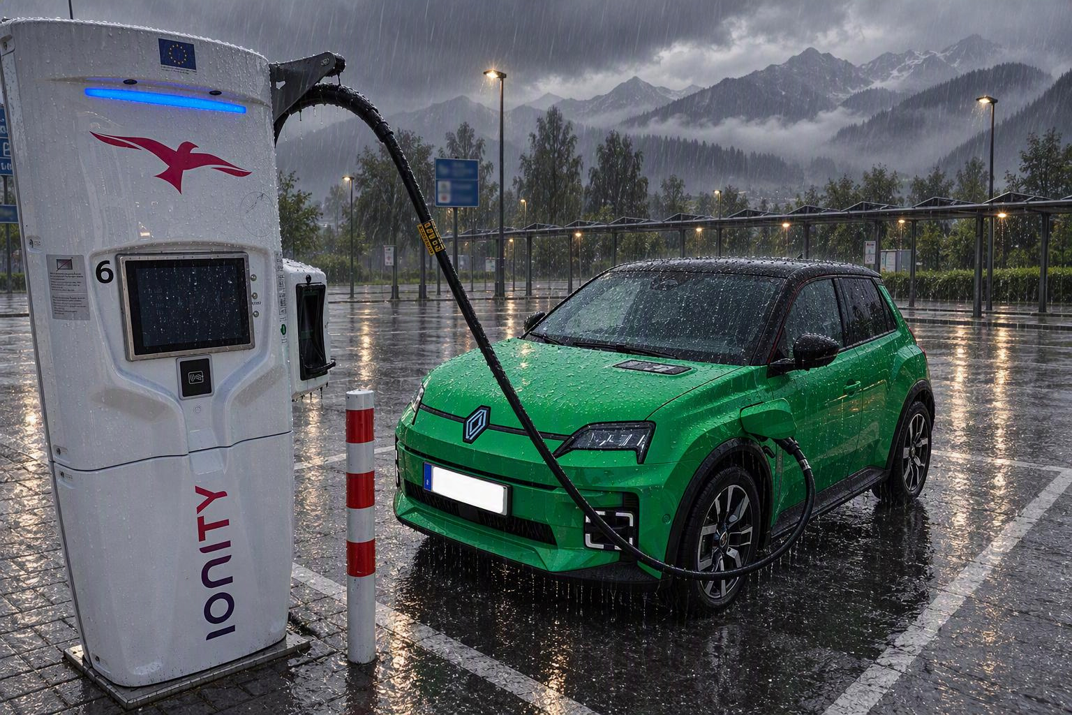 Ein grüner Renault 5 eTech im Regen vor Alpenpanorama. Bild mit KI verändert.